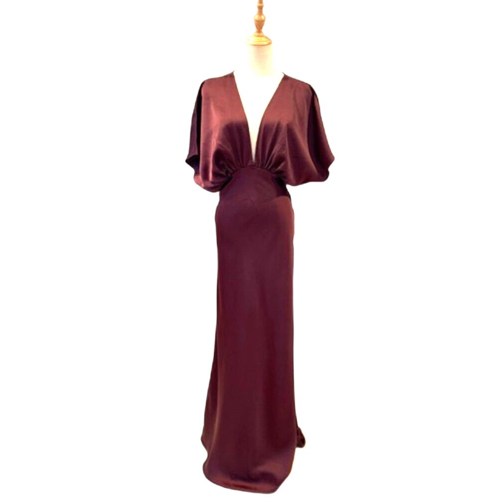 BHLDN Anthropologie Leila Dress Gown Satin Deep V Chocolate Size 2 - Picture 11 of 11